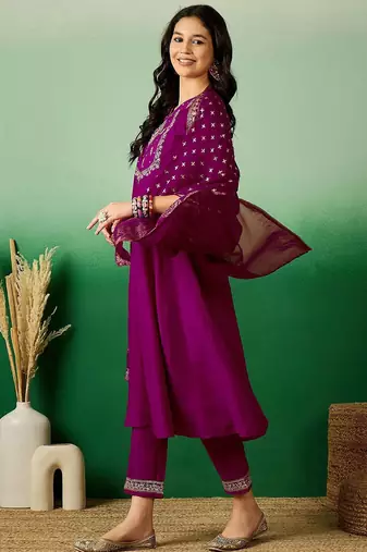 Magenta embroidered notch neck sequined a-line kurta with trouser & dupatta