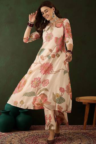 Floral embroidered mirror work kurta with palazzos