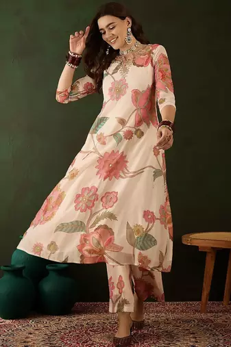 Floral embroidered mirror work kurta with palazzos
