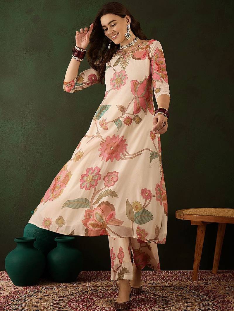 Floral embroidered mirror work kurta with palazzos