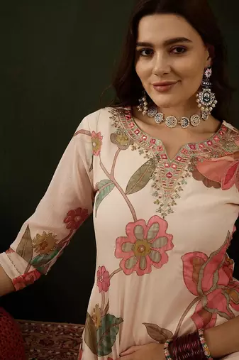 Floral embroidered mirror work kurta with palazzos