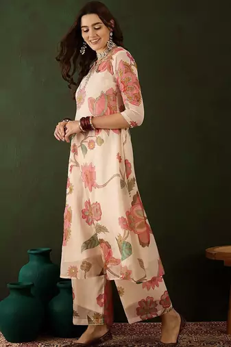 Floral embroidered mirror work kurta with palazzos
