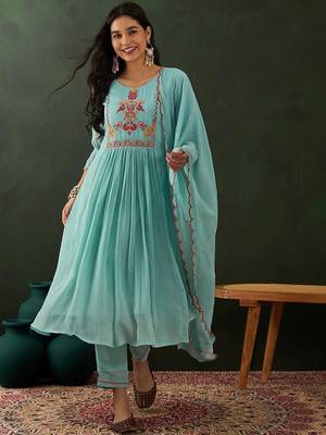 Blue floral embroidered zari sequince anarkali kurta with trousers and dupatta 1