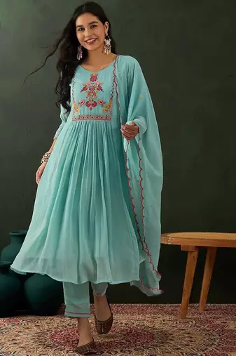 Blue floral embroidered zari sequince anarkali kurta with trousers and dupatta