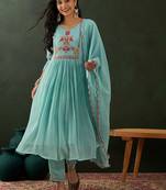 Blue floral embroidered zari sequince anarkali kurta with trousers and dupatta