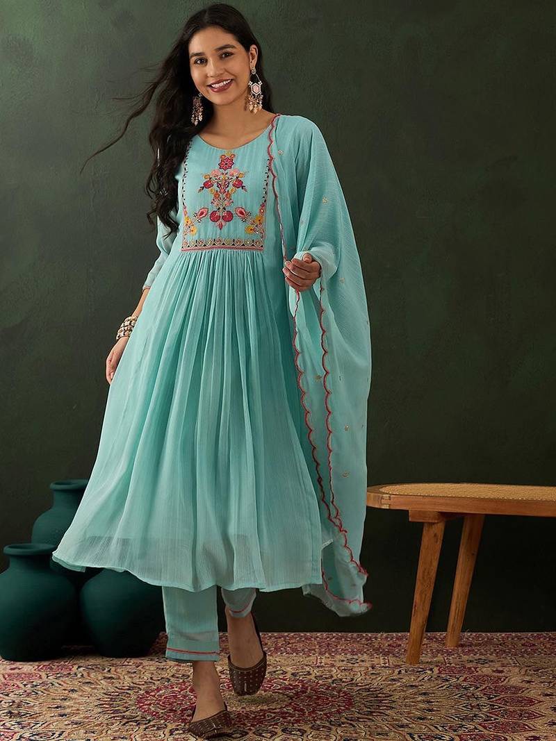 Blue floral embroidered zari sequince anarkali kurta with trousers and dupatta