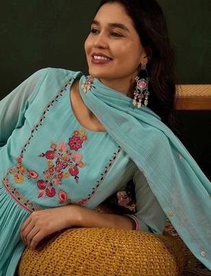 Blue floral embroidered zari sequince anarkali kurta with trousers and dupatta 2