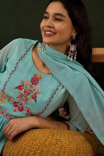 Blue floral embroidered zari sequince anarkali kurta with trousers and dupatta