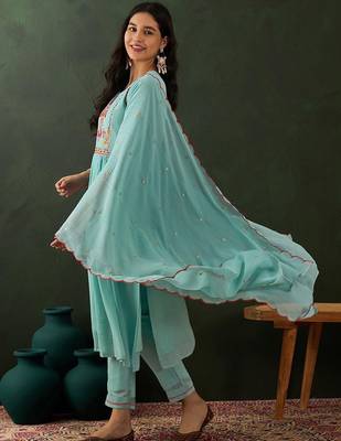 Blue floral embroidered zari sequince anarkali kurta with trousers and dupatta 5