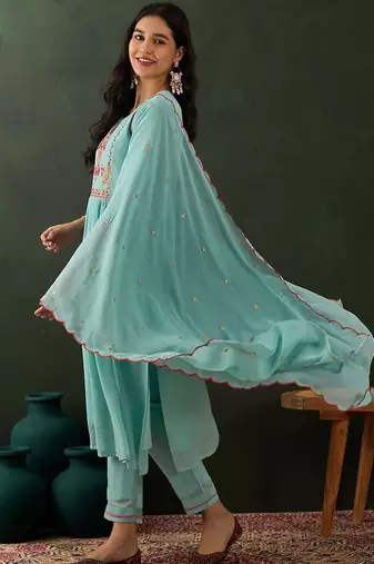 Blue floral embroidered zari sequince anarkali kurta with trousers and dupatta