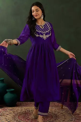 Purple ethnic motifs embroidered keyhole neck a-line kurta with trouser & dupatta