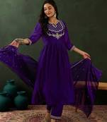 Purple ethnic motifs embroidered keyhole neck a-line kurta with trouser & dupatta