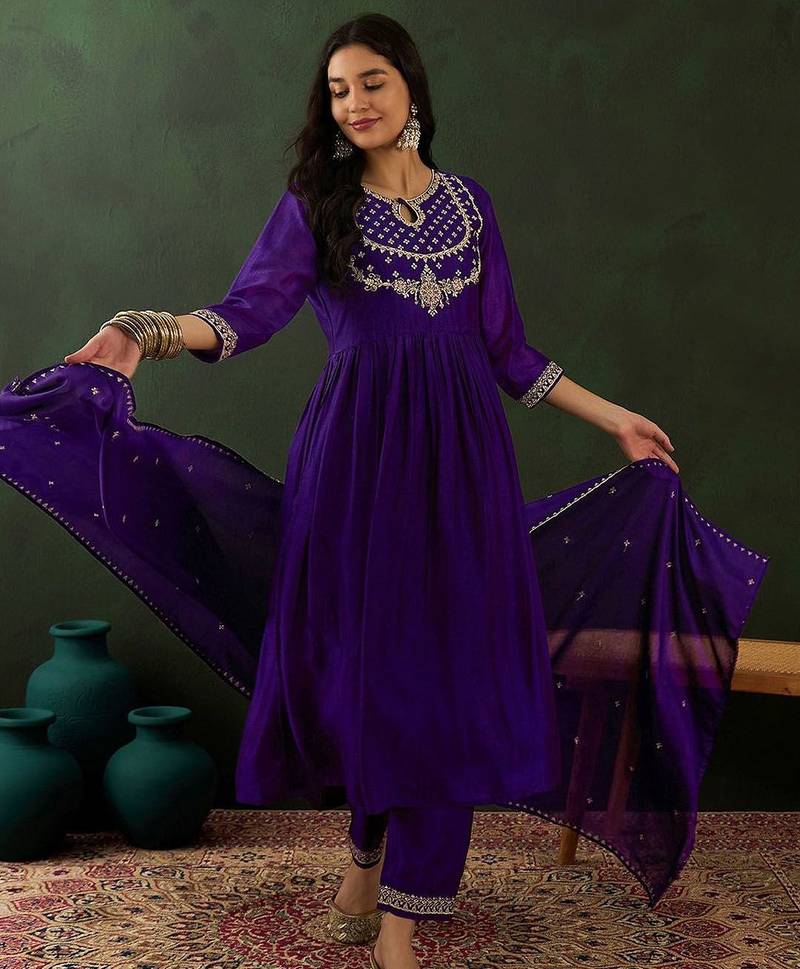 Purple ethnic motifs embroidered keyhole neck a-line kurta with trouser & dupatta