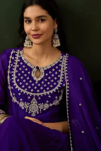 Purple ethnic motifs embroidered keyhole neck a-line kurta with trouser & dupatta