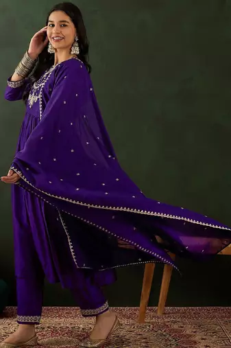 Purple ethnic motifs embroidered keyhole neck a-line kurta with trouser & dupatta