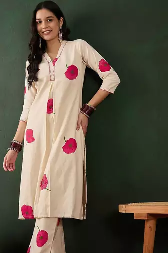 Off white cotton floral printed kurta with pant set