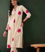 Off white cotton floral printed kurta with pant set