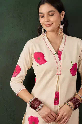 Off white cotton floral printed kurta with pant set