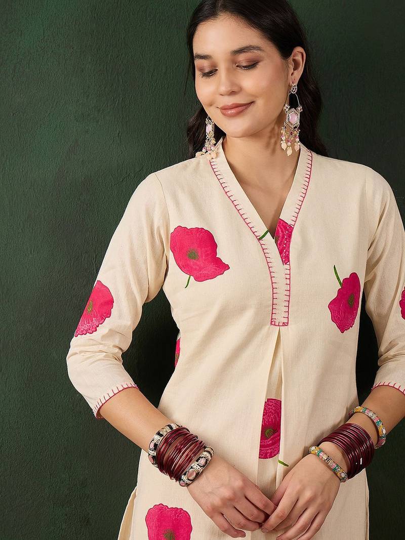 Off white cotton floral printed kurta with pant set