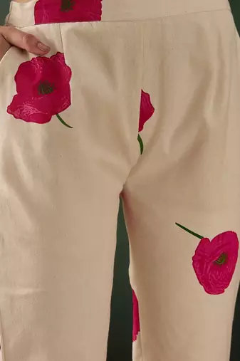 Off white cotton floral printed kurta with pant set