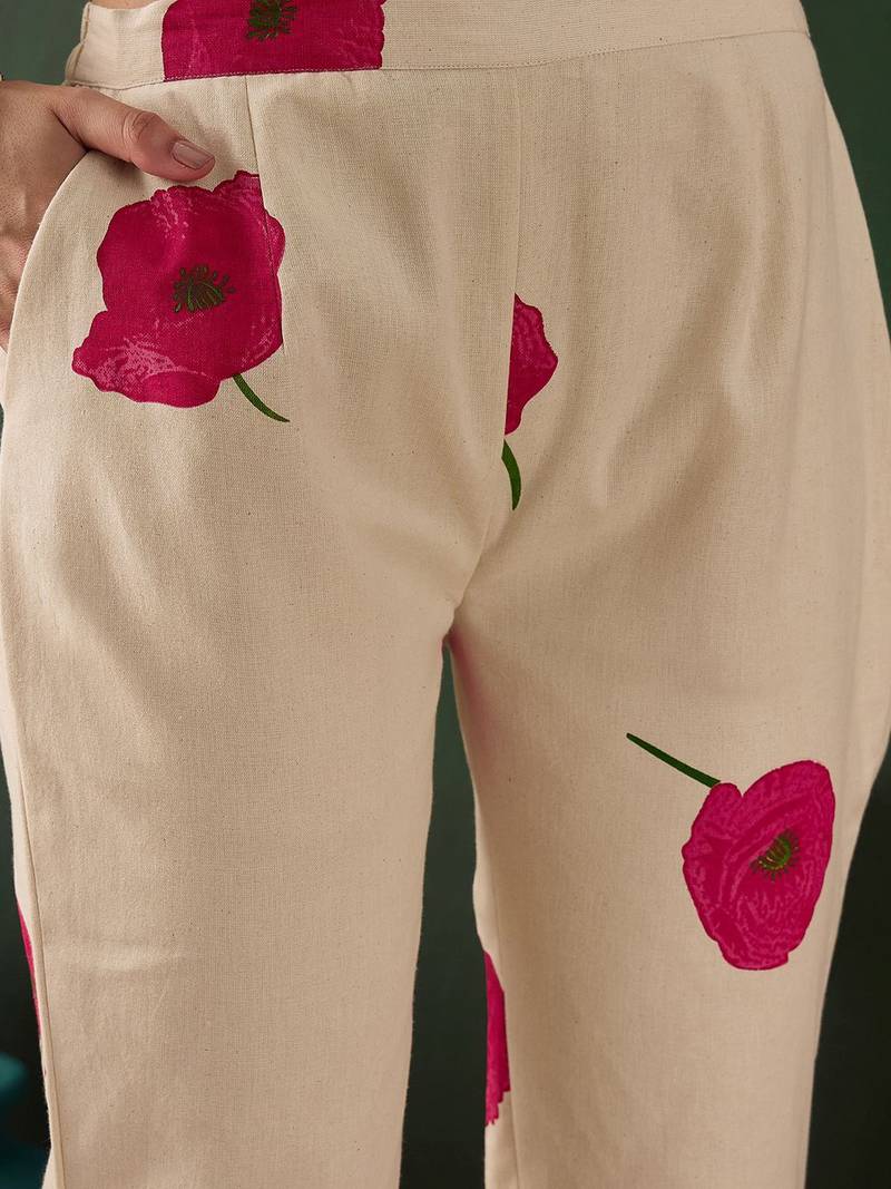 Off white cotton floral printed kurta with pant set
