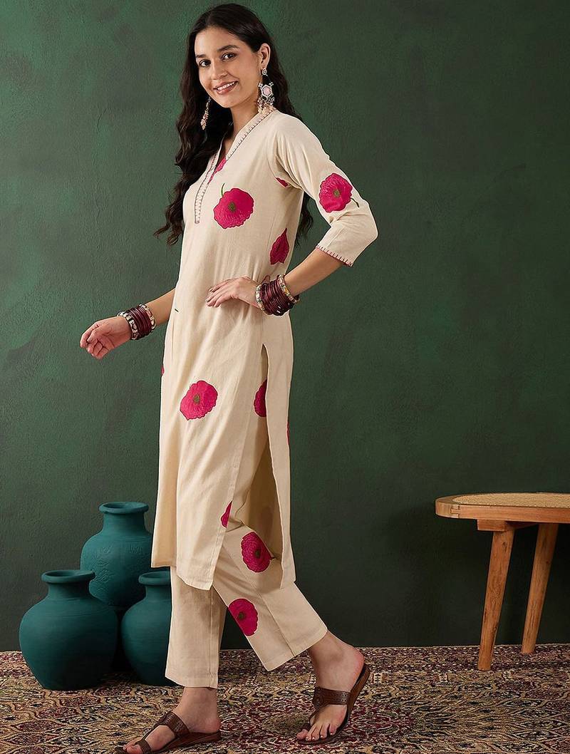 Off white cotton floral printed kurta with pant set