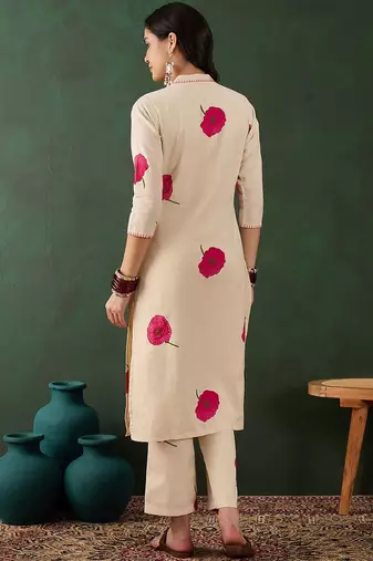 Off white cotton floral printed kurta with pant set