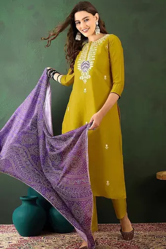 Floral embroidered straight kurta with trouser & dupatta