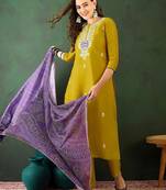 Floral embroidered straight kurta with trouser & dupatta