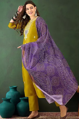 Floral embroidered straight kurta with trouser & dupatta