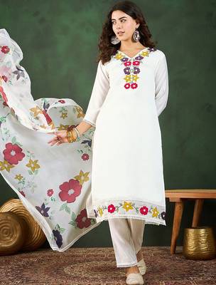 Floral applique worked straight kurta with trousers and dupatta 1