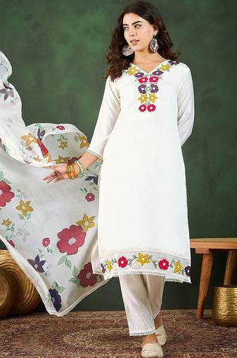 Floral applique worked straight kurta with trousers and dupatta