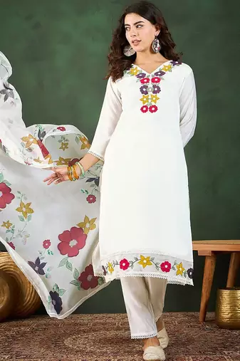 Floral applique worked straight kurta with trousers and dupatta