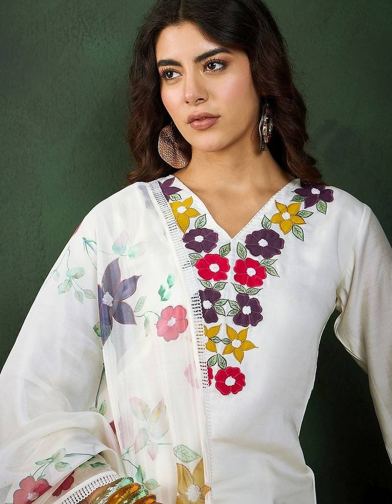 Floral applique worked straight kurta with trousers and dupatta