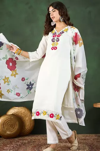 Floral applique worked straight kurta with trousers and dupatta