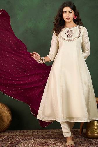 Round neck embroidered a-line kurta sets