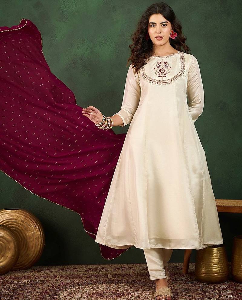 Round neck embroidered a-line kurta sets
