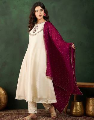 Round neck embroidered a-line kurta sets 5