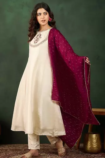 Round neck embroidered a-line kurta sets