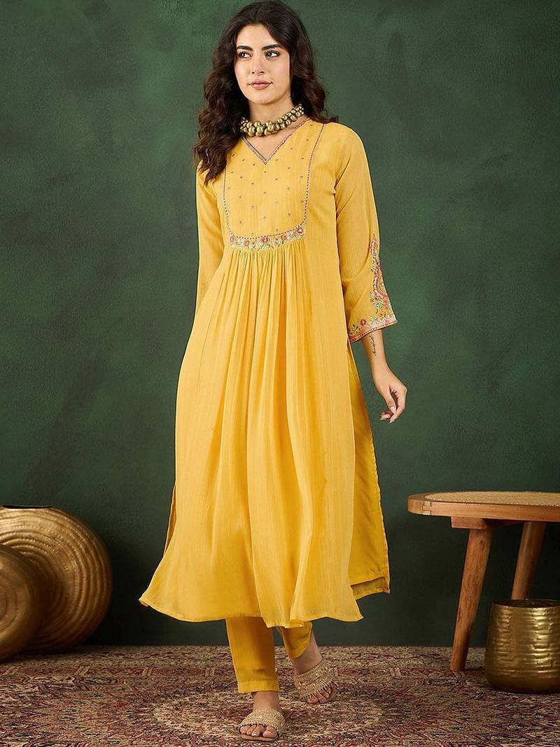 V neck embroidered kurta sets