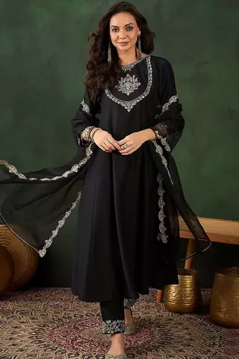 Black floral embroidered round neck zari a-line kurta with trouser & dupatta