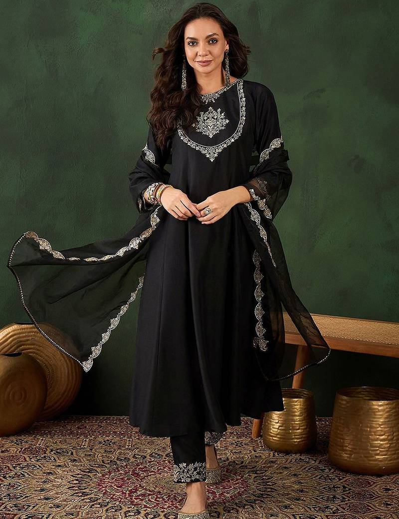 Black floral embroidered round neck zari a-line kurta with trouser & dupatta