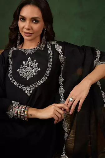 Black floral embroidered round neck zari a-line kurta with trouser & dupatta