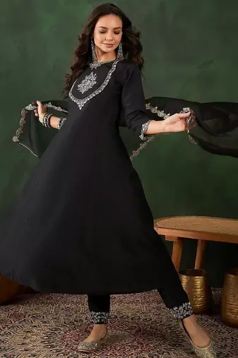 Black floral embroidered round neck zari a-line kurta with trouser & dupatta