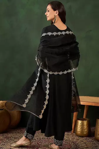 Black floral embroidered round neck zari a-line kurta with trouser & dupatta