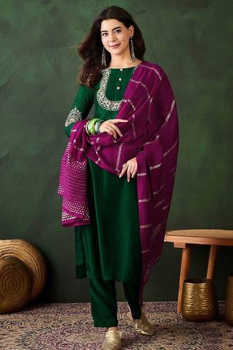 Floral embroidered thread work straight kurta with trousers & dupatta