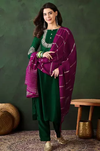 Floral embroidered thread work straight kurta with trousers & dupatta
