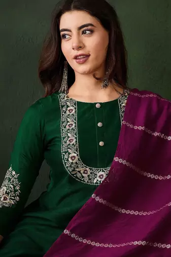 Floral embroidered thread work straight kurta with trousers & dupatta