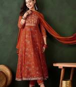 Floral printed zari anarkali kurta with trousers & dupatta