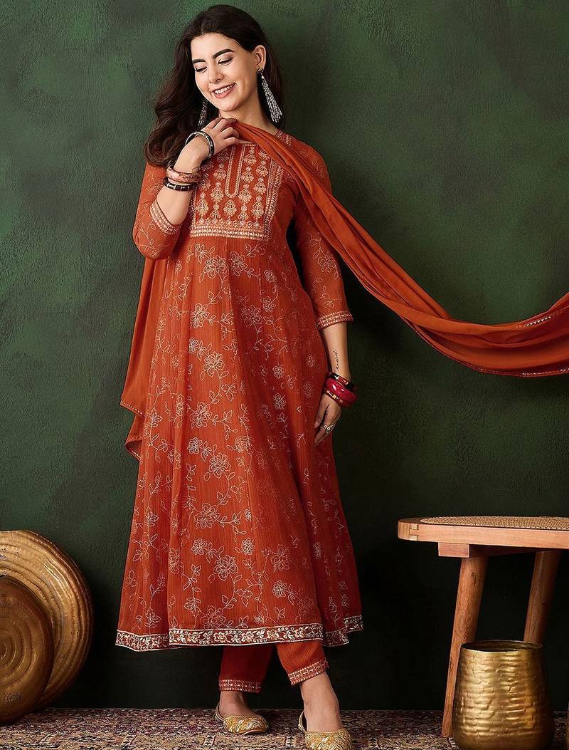 Floral printed zari anarkali kurta with trousers & dupatta